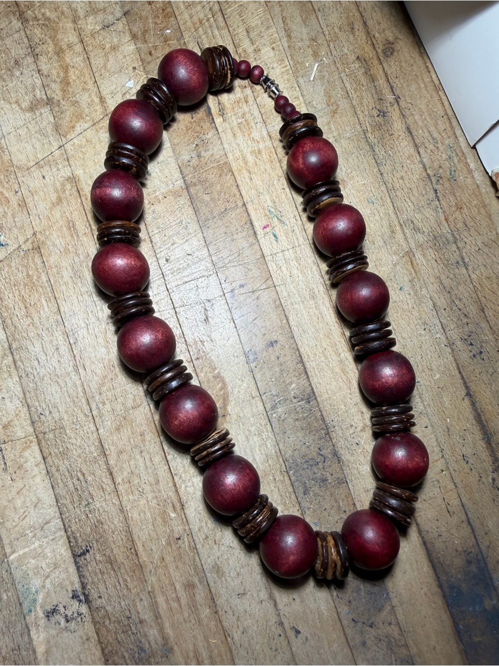 Chunky Dark Red & Brown Wooden Bead Choker Necklace 18”